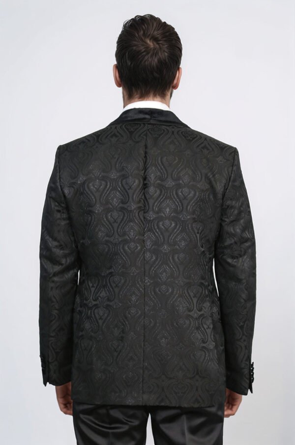 Baroque Patterned Velvet Shawl Collar Vested Glittery Black Tuxedo
