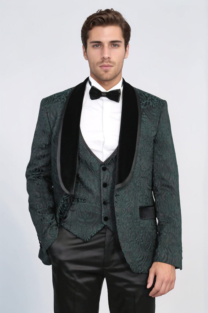 Baroque Patterned Velvet Shawl Collar Vested Green Tuxedo