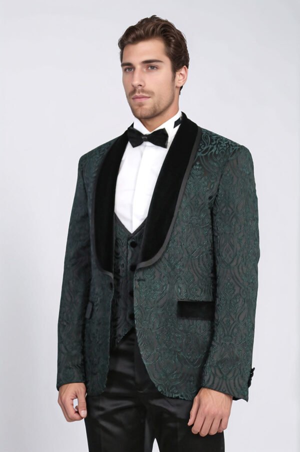 Baroque Patterned Velvet Shawl Collar Vested Green Tuxedo
