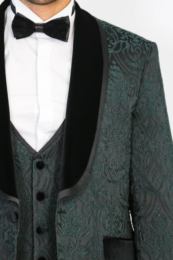 Baroque Patterned Velvet Shawl Collar Vested Green Tuxedo