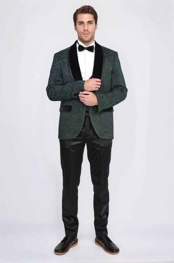 Baroque Patterned Velvet Shawl Collar Vested Green Tuxedo