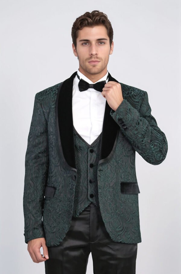 Baroque Patterned Velvet Shawl Collar Vested Green Tuxedo