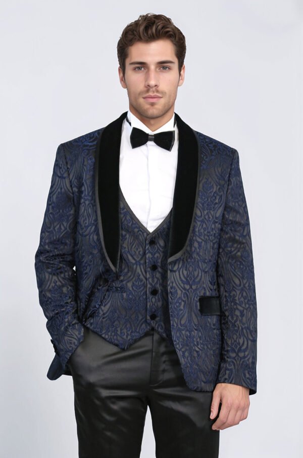 Baroque Patterned Velvet Shawl Collar Vested Navy Blue Tuxedo