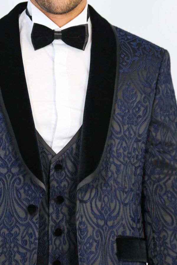 Baroque Patterned Velvet Shawl Collar Vested Navy Blue Tuxedo