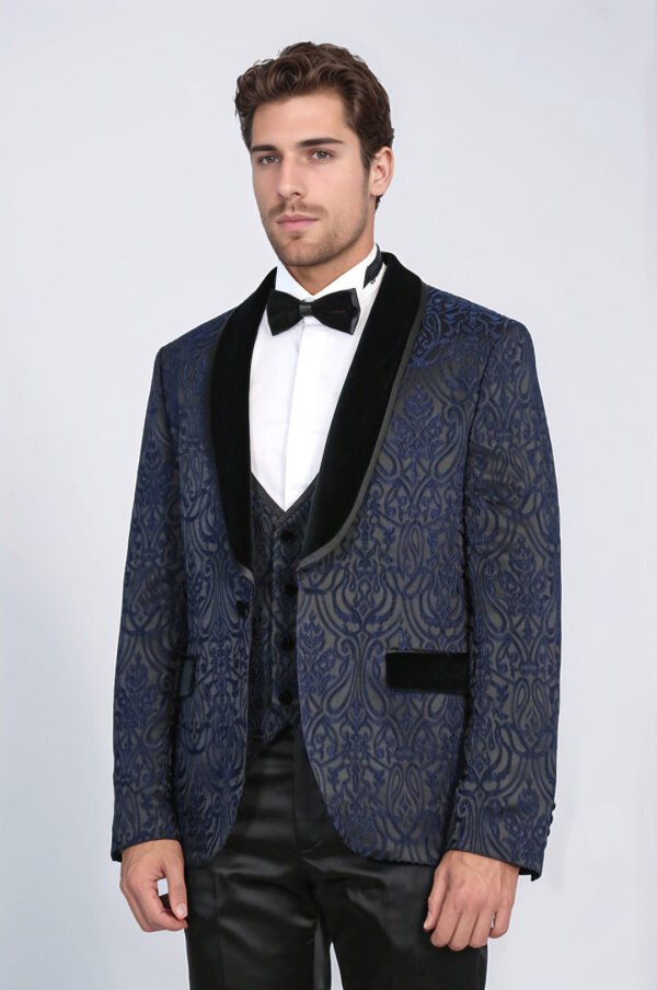 Baroque Patterned Velvet Shawl Collar Vested Navy Blue Tuxedo