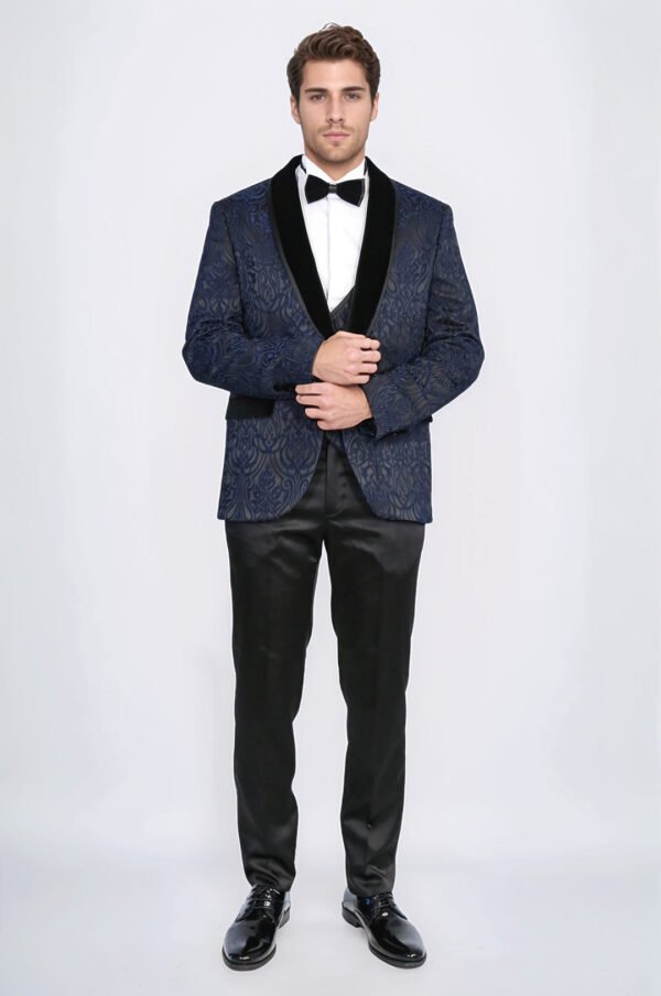 Baroque Patterned Velvet Shawl Collar Vested Navy Blue Tuxedo