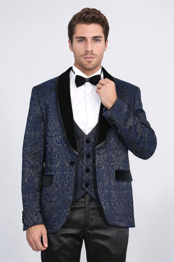 Baroque Patterned Velvet Shawl Collar Vested Navy Blue Tuxedo