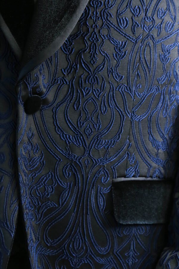 Baroque Patterned Velvet Shawl Collar Vested Navy Blue Tuxedo