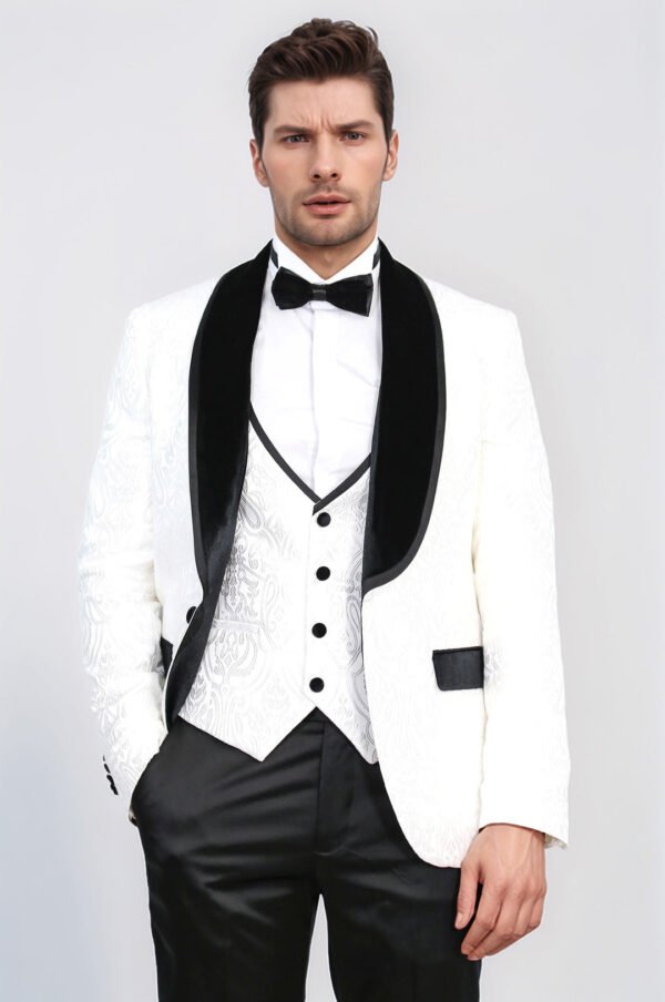 Baroque Patterned Velvet Shawl Collar Vested White Tuxedo