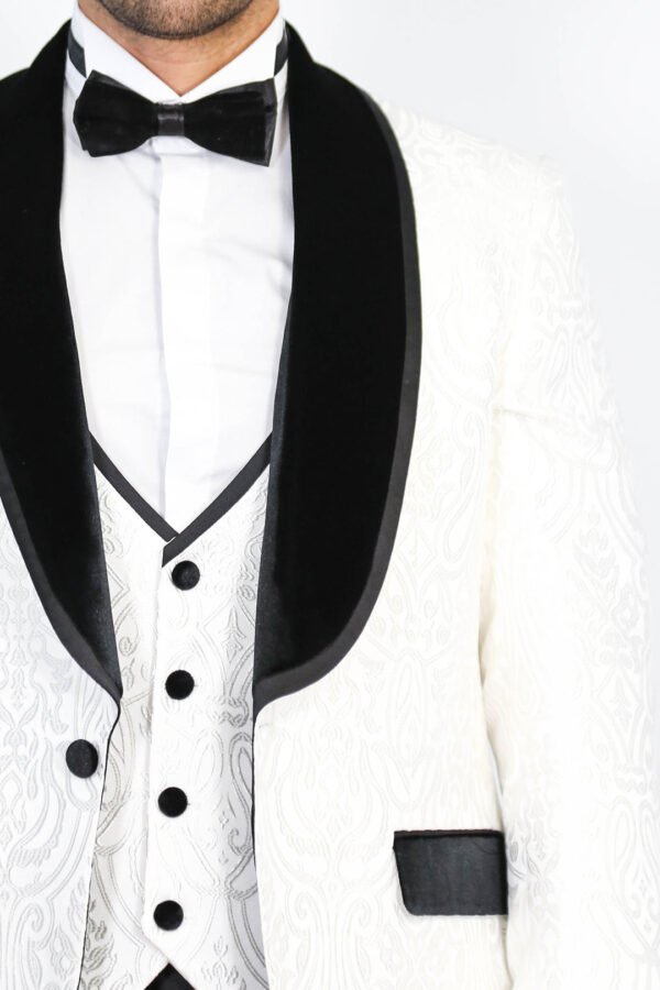 Baroque Patterned Velvet Shawl Collar Vested White Tuxedo