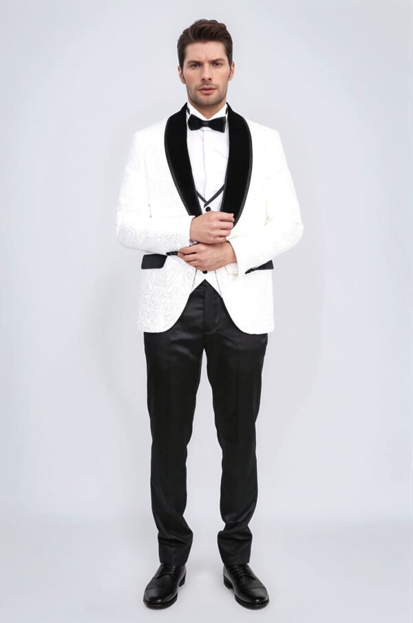 Baroque Patterned Velvet Shawl Collar Vested White Tuxedo