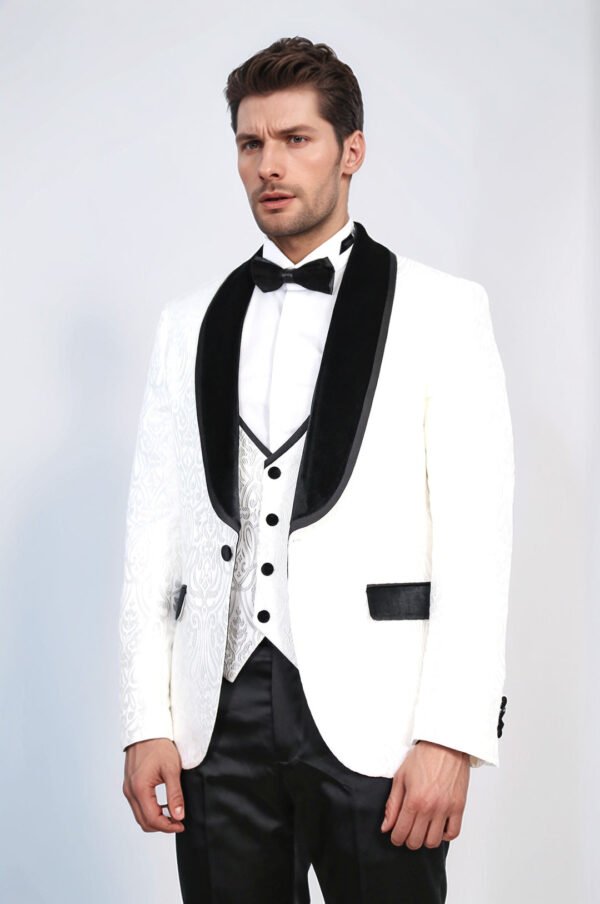 Baroque Patterned Velvet Shawl Collar Vested White Tuxedo