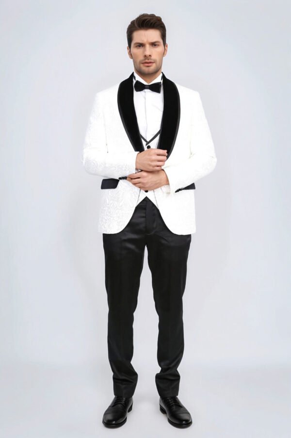 Baroque Patterned Velvet Shawl Collar Vested White Tuxedo
