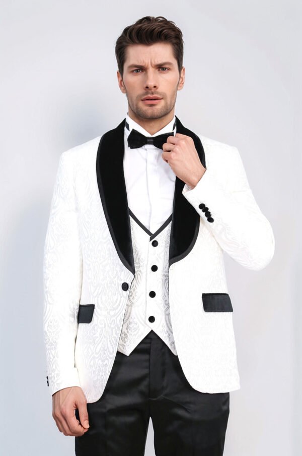 Baroque Patterned Velvet Shawl Collar Vested White Tuxedo