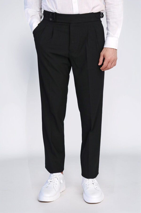 Black Double Pleated Buckled High Waist Slim Fit Trousers