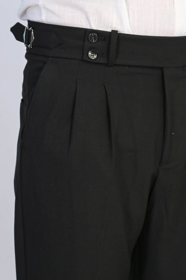Black Double Pleated Buckled High Waist Slim Fit Trousers
