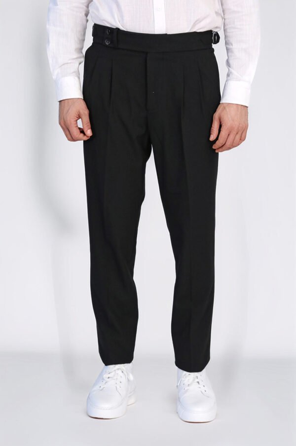 Black Double Pleated Buckled High Waist Slim Fit Trousers