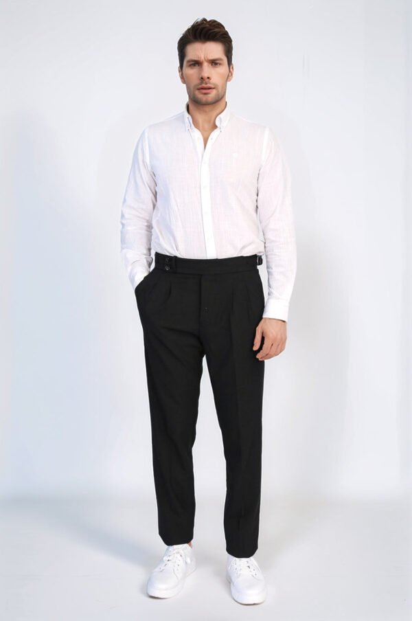 Black Double Pleated Buckled High Waist Slim Fit Trousers