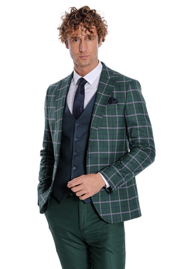 Blue Vested Slim Fit Checked Green Men Suit