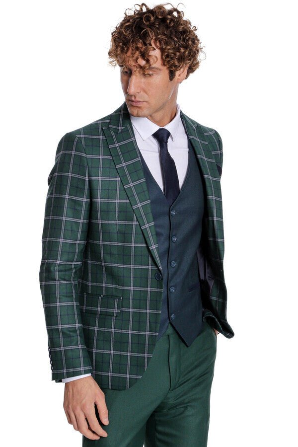 Blue Vested Slim Fit Checked Green Men Suit