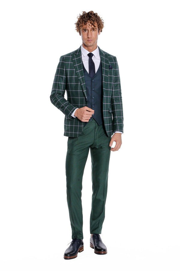 Blue Vested Slim Fit Checked Green Men Suit