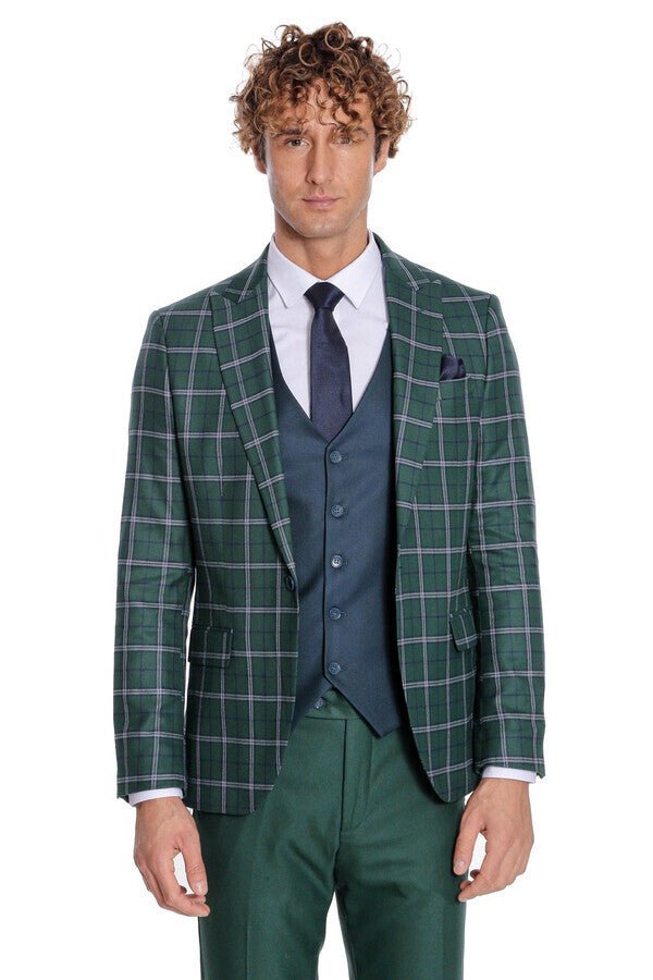 Blue Vested Slim Fit Checked Green Men Suit
