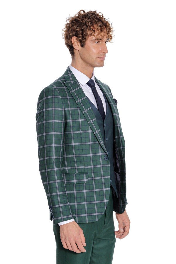 Blue Vested Slim Fit Checked Green Men Suit