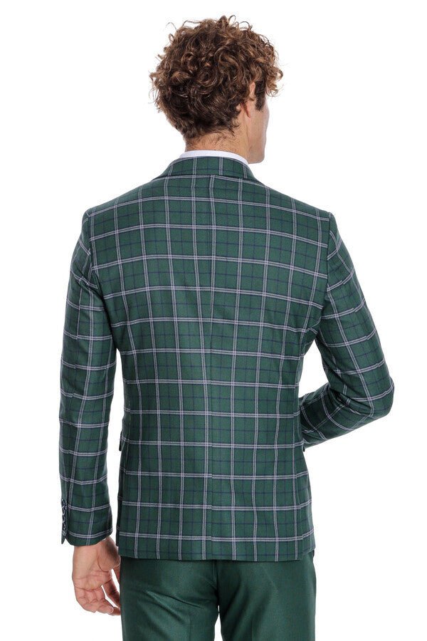 Blue Vested Slim Fit Checked Green Men Suit
