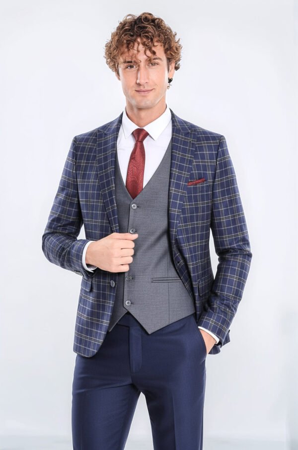 Blue Vested Slim Fit Checked Navy Blue Men Suit