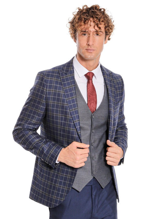 Blue Vested Slim Fit Checked Navy Blue Men Suit