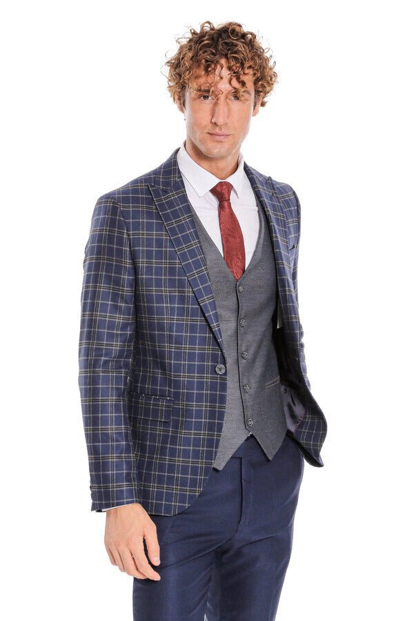 Blue Vested Slim Fit Checked Navy Blue Men Suit