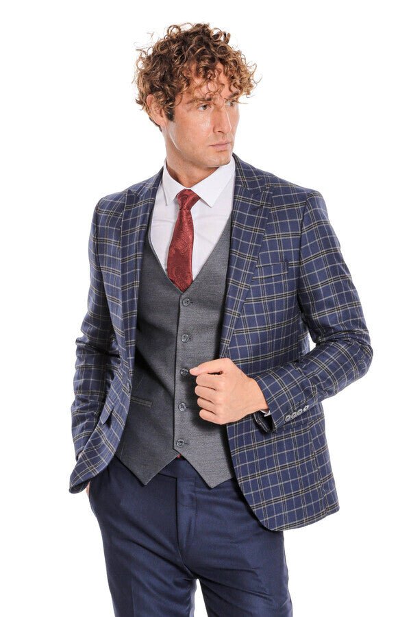 Blue Vested Slim Fit Checked Navy Blue Men Suit