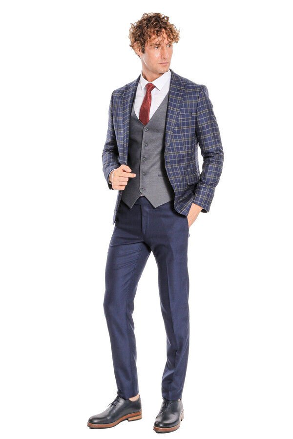 Blue Vested Slim Fit Checked Navy Blue Men Suit
