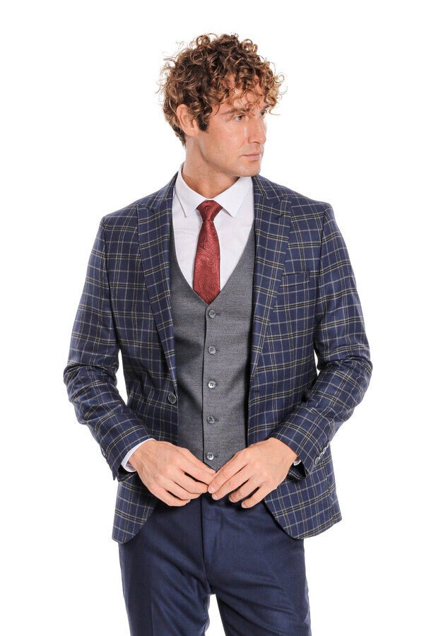 Blue Vested Slim Fit Checked Navy Blue Men Suit