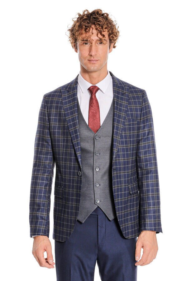 Blue Vested Slim Fit Checked Navy Blue Men Suit