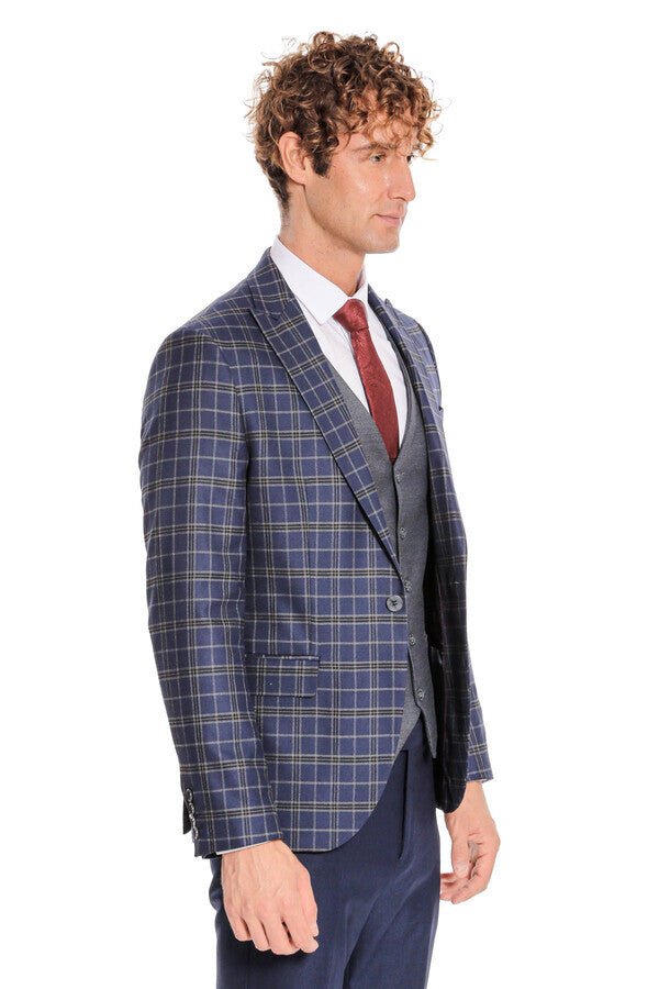 Blue Vested Slim Fit Checked Navy Blue Men Suit