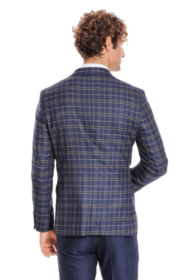Blue Vested Slim Fit Checked Navy Blue Men Suit
