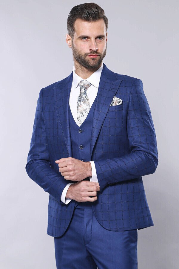 Blue Vested Suit With Plaid Blazer