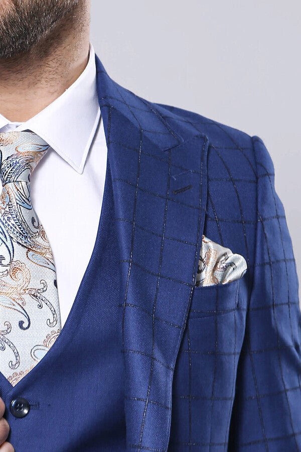Blue Vested Suit With Plaid Blazer