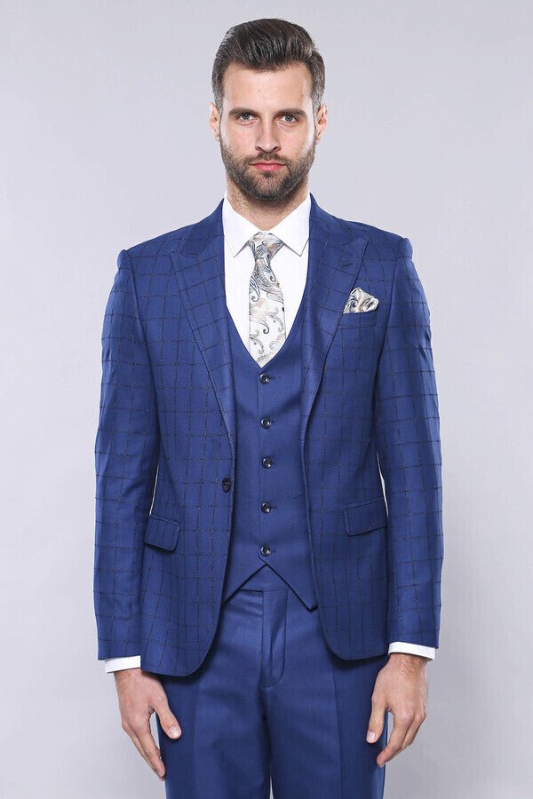 Blue Vested Suit With Plaid Blazer