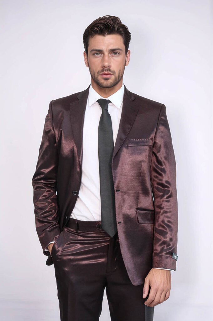 Brown Satin Slim Fit Men’s Suit – Two Piece, Two Button