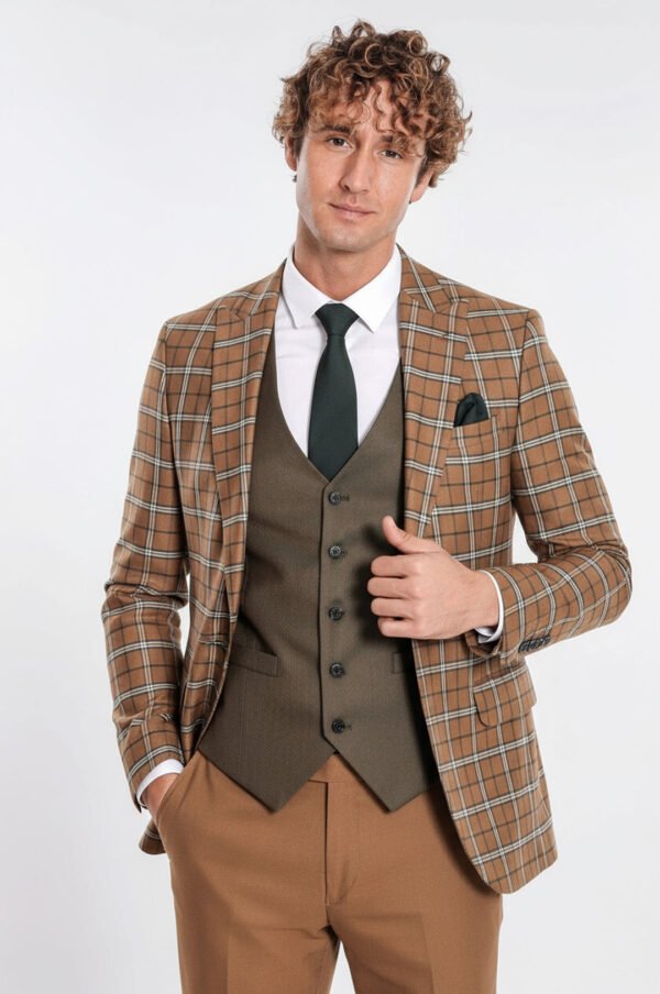Brown Vested Slim Fit Checked Tan Men Suit