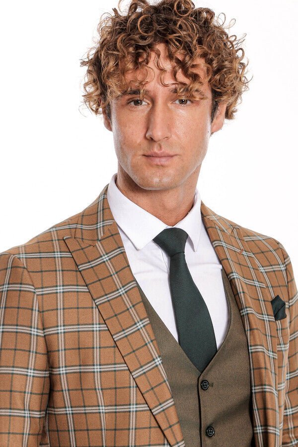 Brown Vested Slim Fit Checked Tan Men Suit
