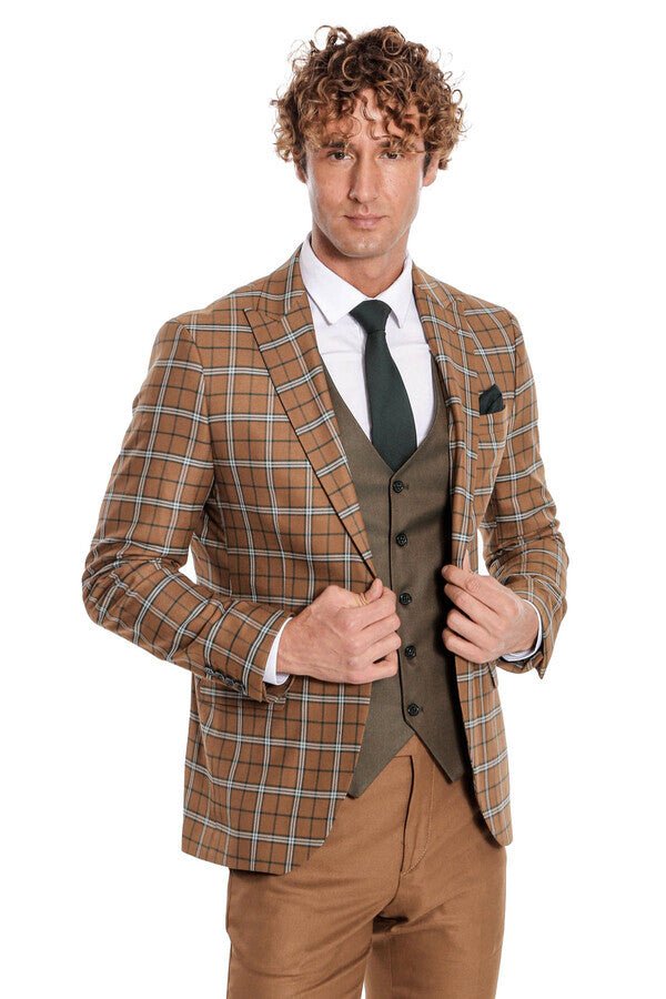 Brown Vested Slim Fit Checked Tan Men Suit