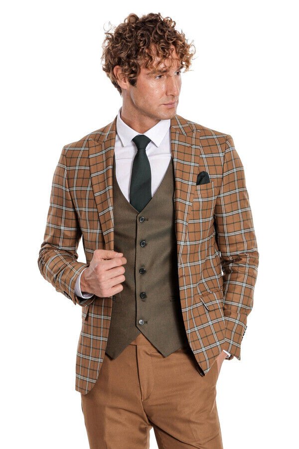 Brown Vested Slim Fit Checked Tan Men Suit