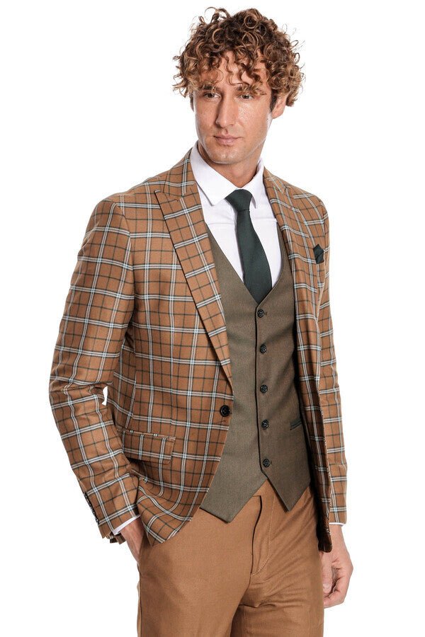 Brown Vested Slim Fit Checked Tan Men Suit