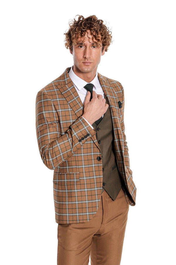 Brown Vested Slim Fit Checked Tan Men Suit