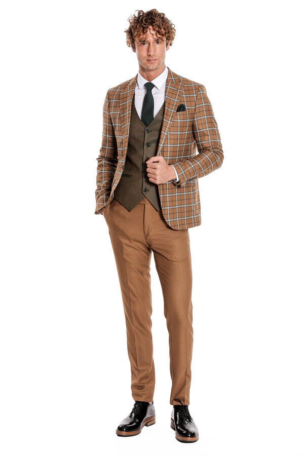 Brown Vested Slim Fit Checked Tan Men Suit