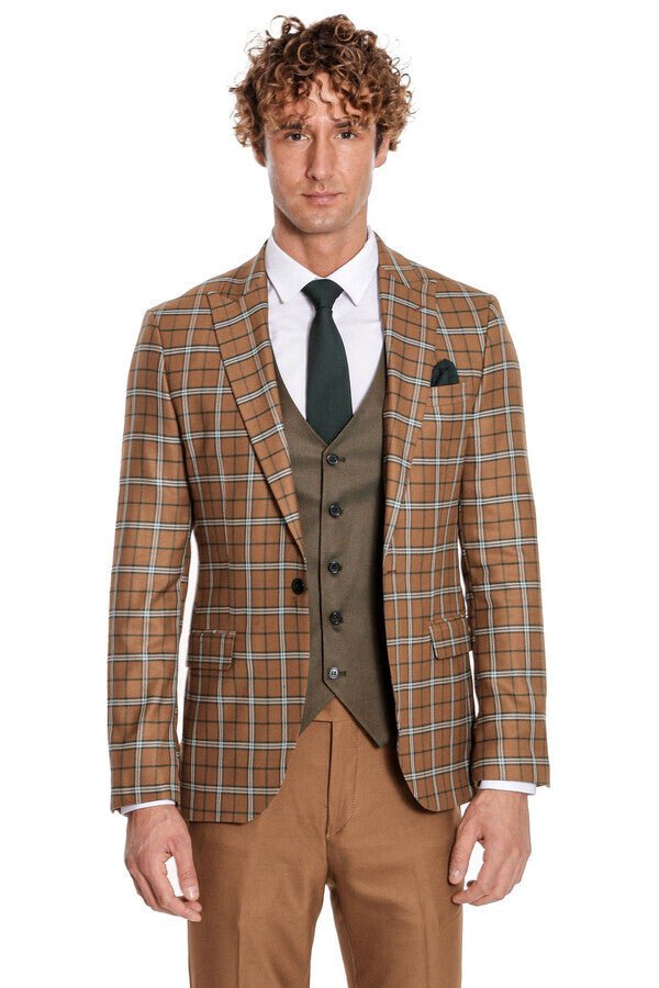 Brown Vested Slim Fit Checked Tan Men Suit