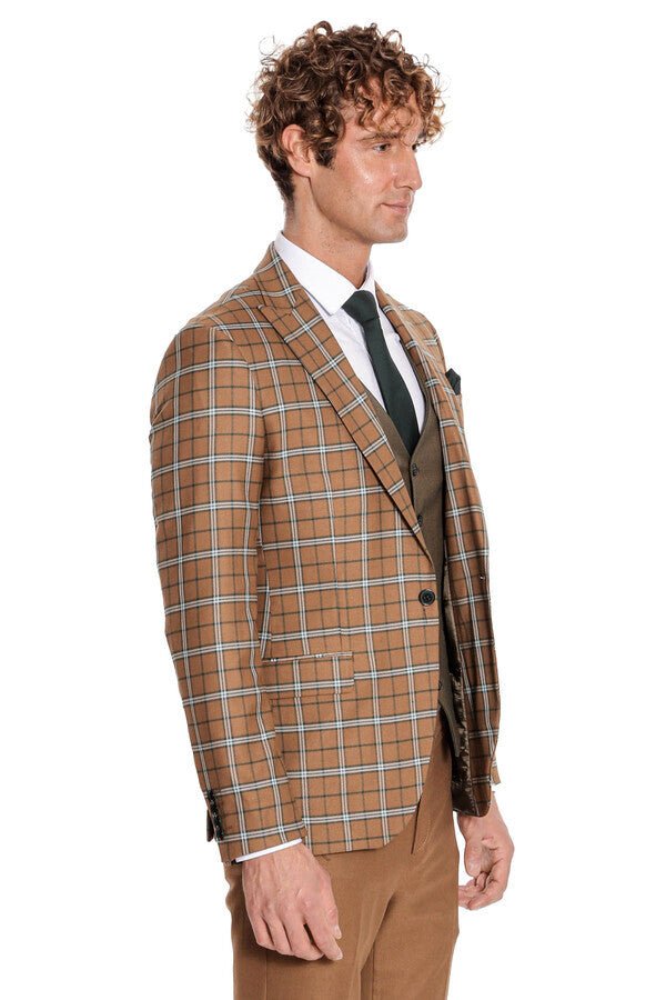 Brown Vested Slim Fit Checked Tan Men Suit